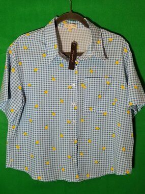Say Anything Womens Large Button Up Shirt Blue Check Lemon Retro Cottage  NWT‎
